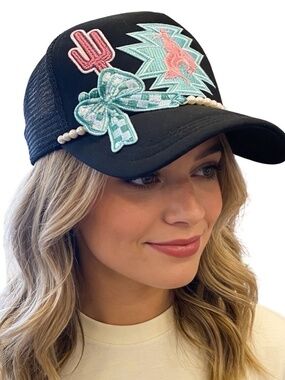 NEW TRUCKER HAT - EMBELLISHED WITH PATCHES, TURQUOISE  * PEARLS  - 🧢✨